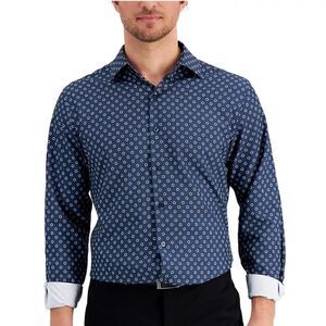 New Alfani Men's Slim Fit 4-Way Geo-Print Dress Shirt Navy White NECK 15-15½